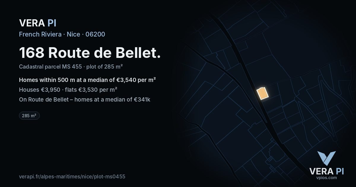 168 Route de Bellet, Nice at night – the plot lit, the parcels around coloured by the prices near them