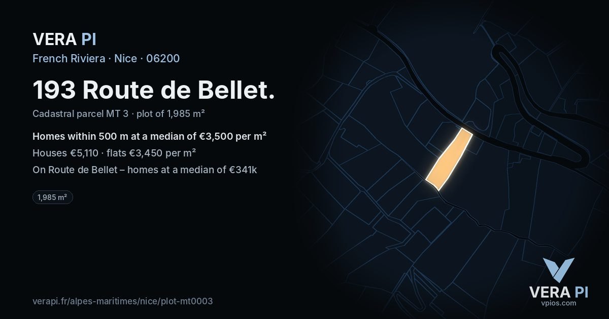 193 Route de Bellet, Nice at night – the plot lit, the parcels around coloured by the prices near them