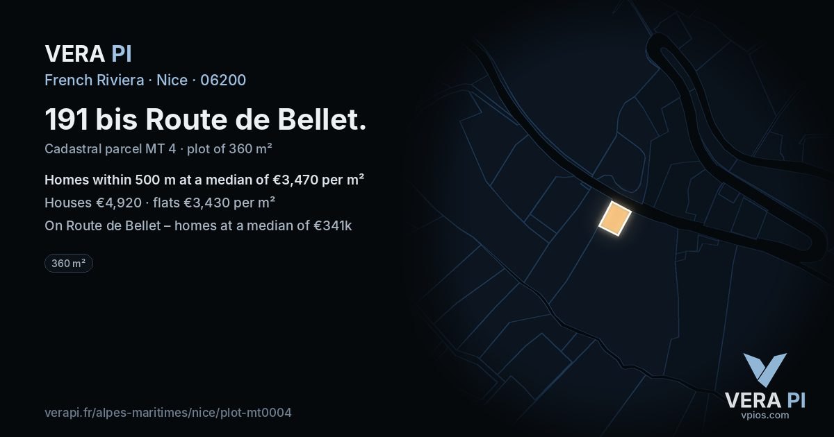 191 bis Route de Bellet, Nice at night – the plot lit, the parcels around coloured by the prices near them
