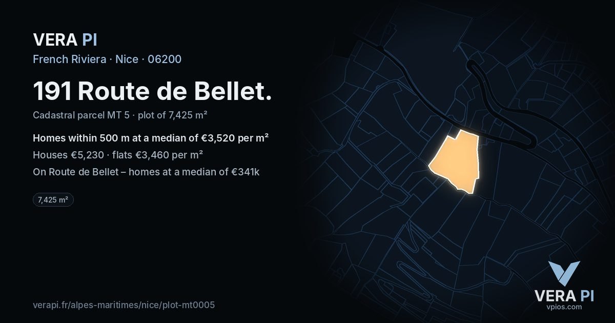 191 Route de Bellet, Nice at night – the plot lit, the parcels around coloured by the prices near them