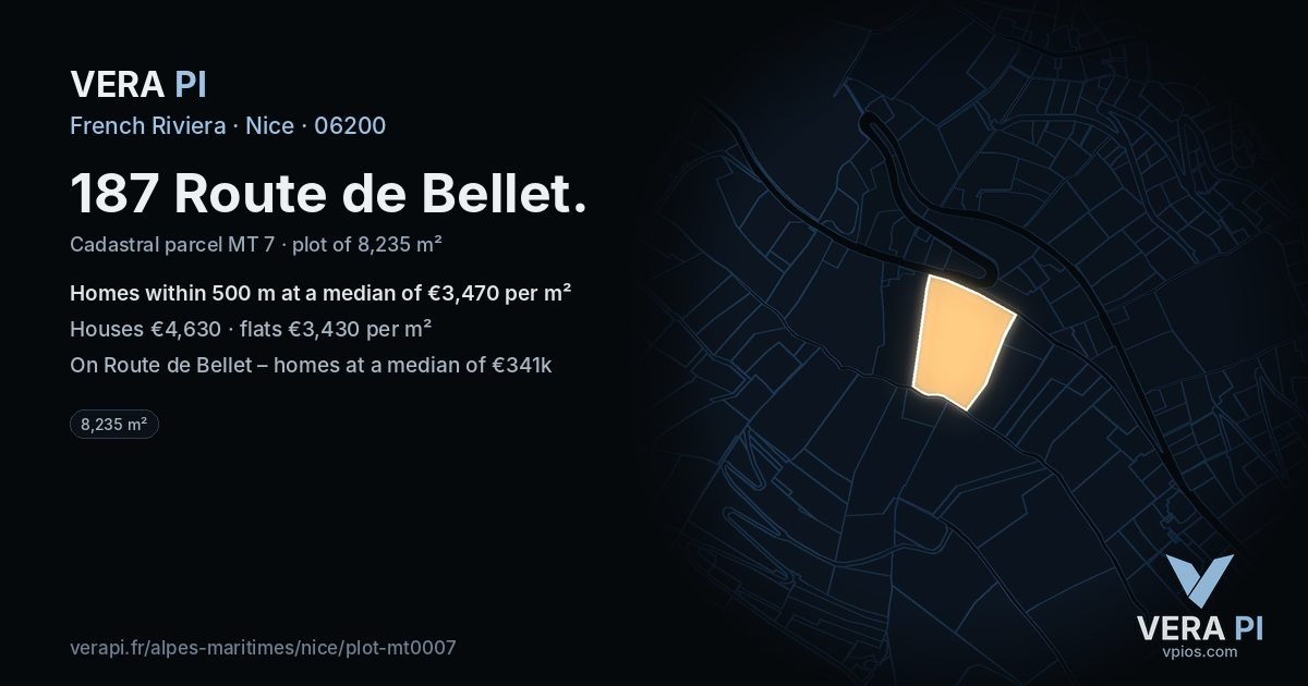 187 Route de Bellet, Nice at night – the plot lit, the parcels around coloured by the prices near them