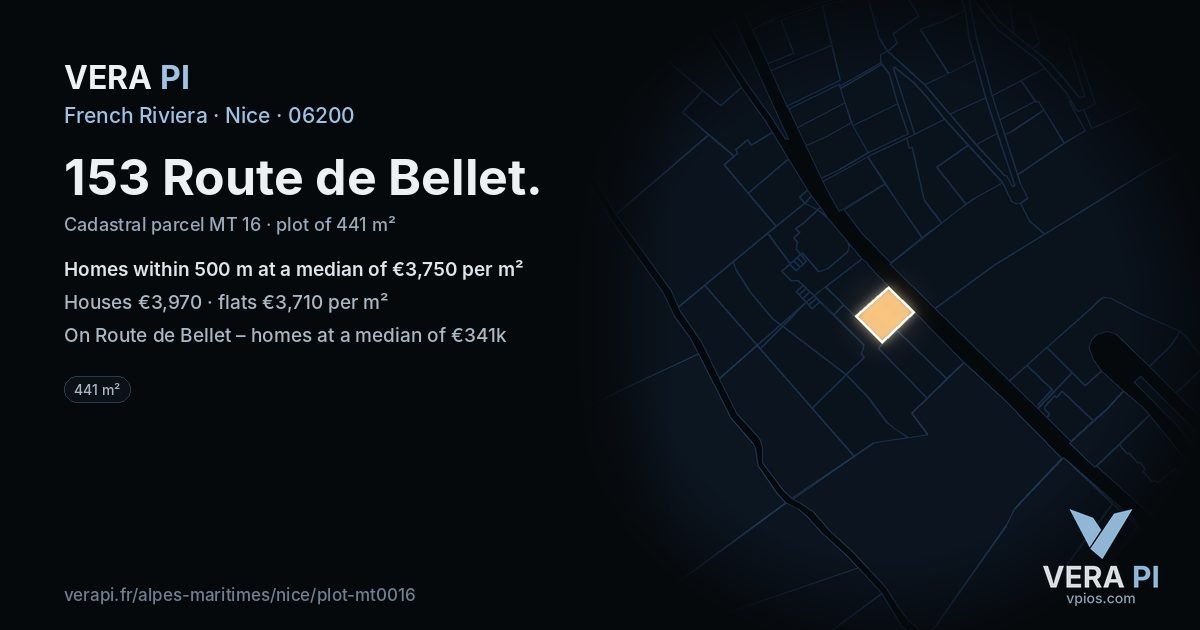 153 Route de Bellet, Nice at night – the plot lit, the parcels around coloured by the prices near them