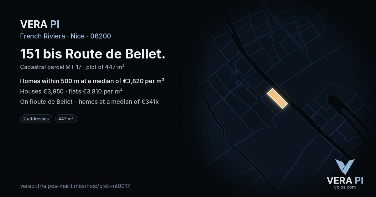151 bis Route de Bellet, Nice at night – the plot lit, the parcels around coloured by the prices near them