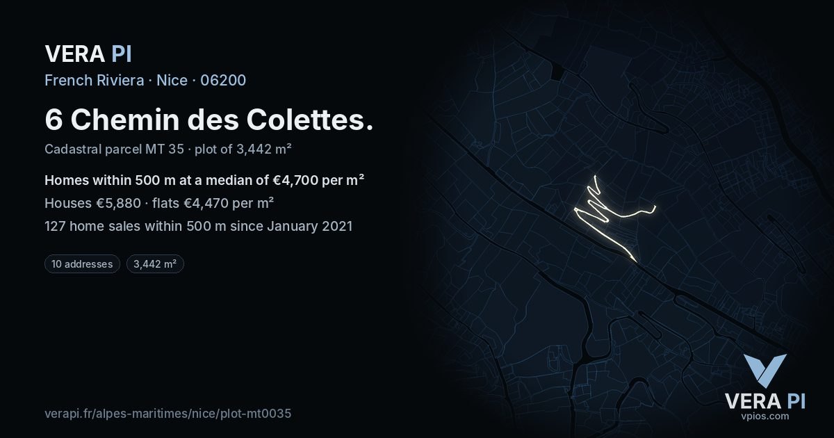 6 Chemin des Colettes, Nice at night – the plot lit, the parcels around coloured by the prices near them