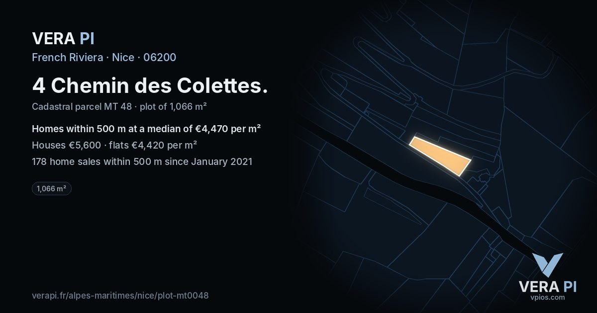 4 Chemin des Colettes, Nice at night – the plot lit, the parcels around coloured by the prices near them