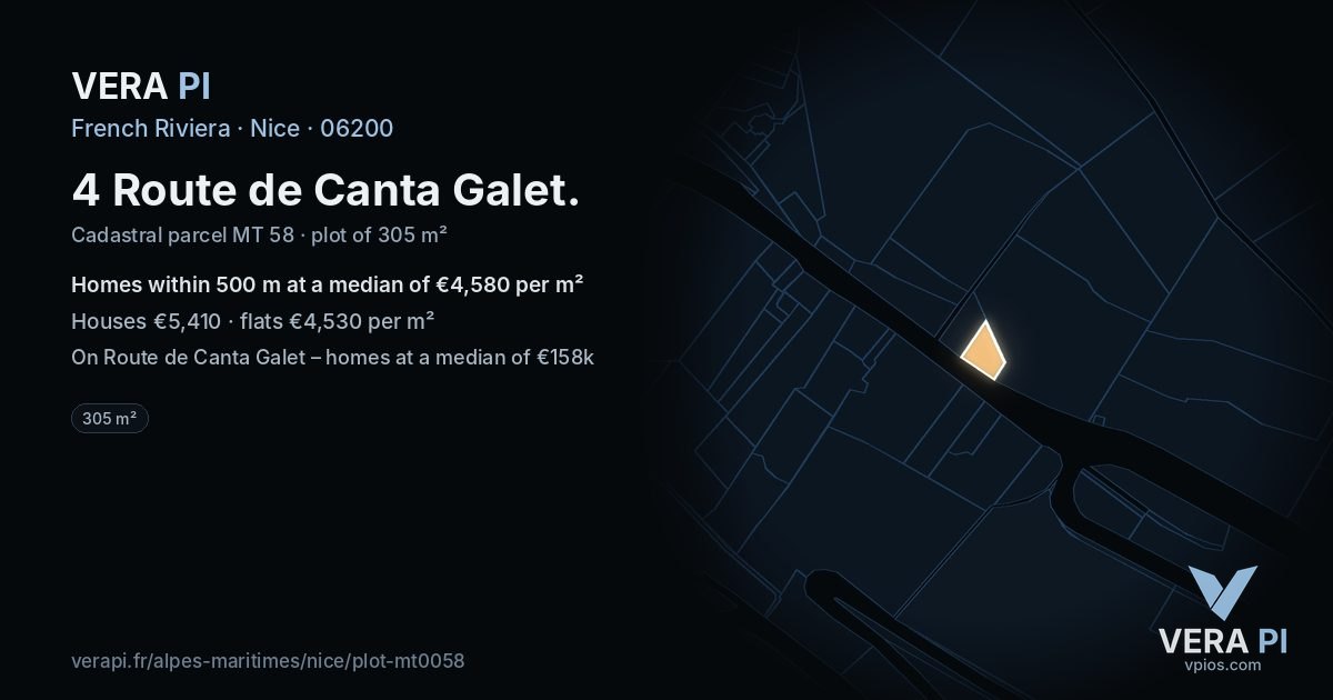 4 Route de Canta Galet, Nice at night – the plot lit, the parcels around coloured by the prices near them