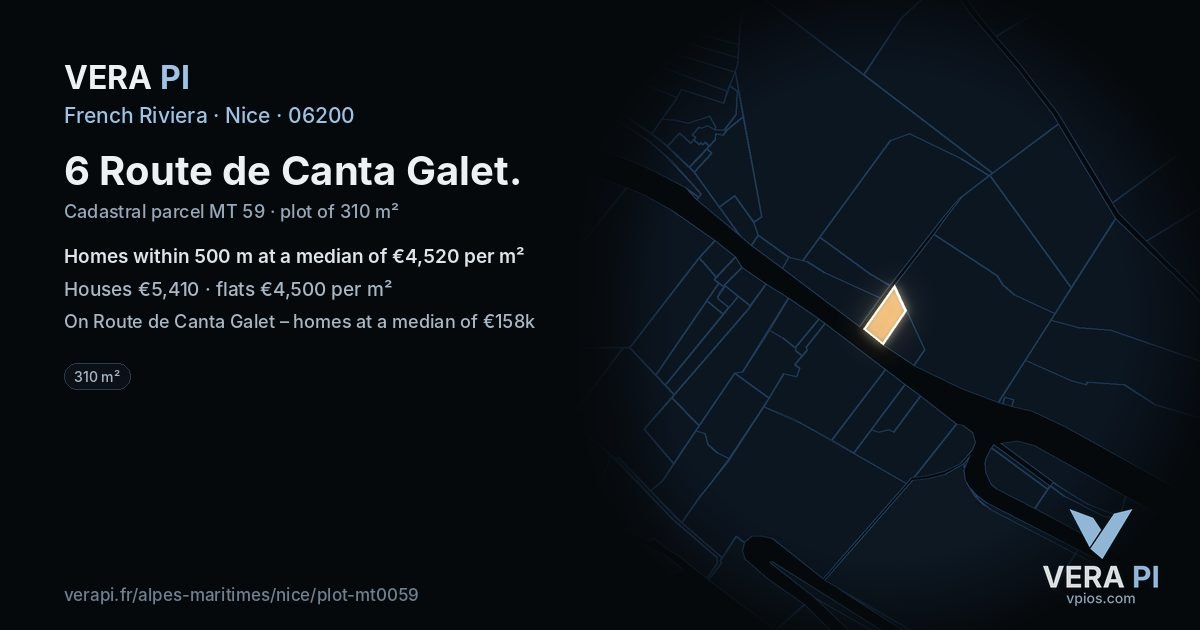 6 Route de Canta Galet, Nice at night – the plot lit, the parcels around coloured by the prices near them