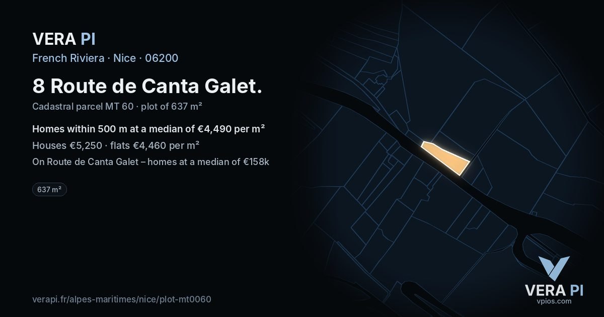 8 Route de Canta Galet, Nice at night – the plot lit, the parcels around coloured by the prices near them