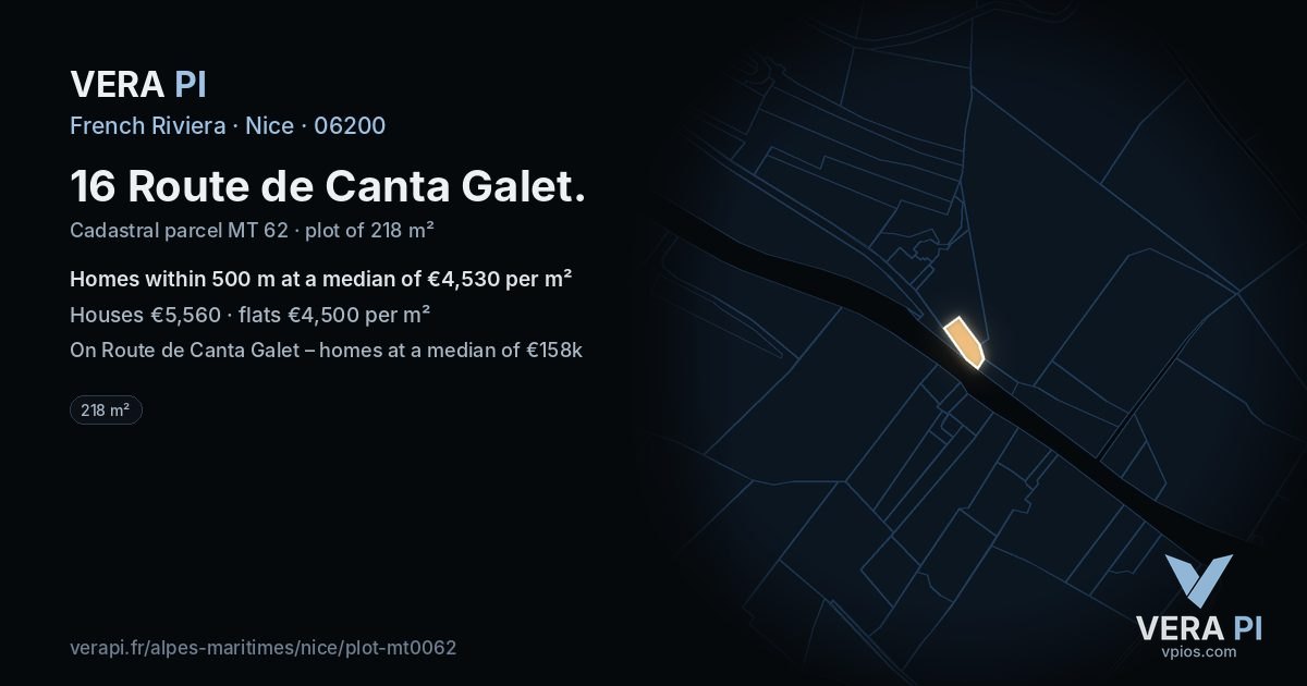 16 Route de Canta Galet, Nice at night – the plot lit, the parcels around coloured by the prices near them