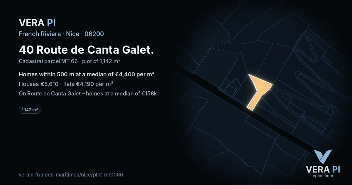40 Route de Canta Galet, Nice at night – the plot lit, the parcels around coloured by the prices near them