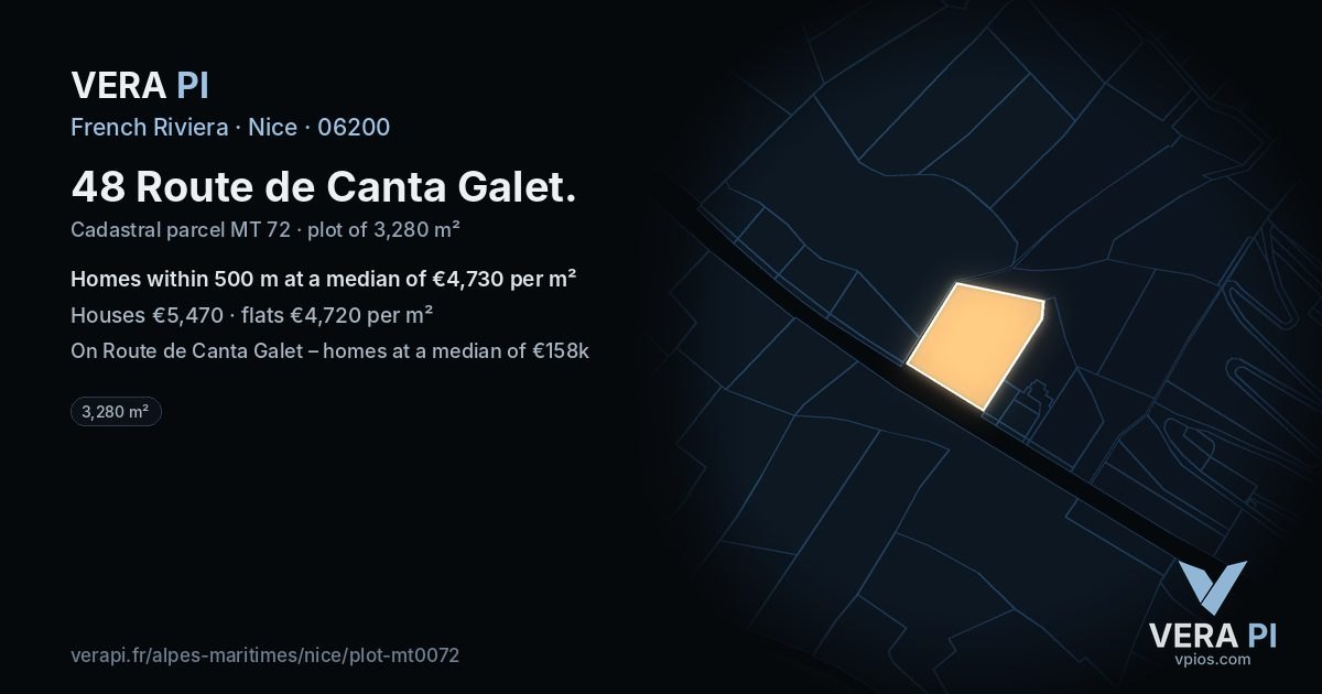 48 Route de Canta Galet, Nice at night – the plot lit, the parcels around coloured by the prices near them