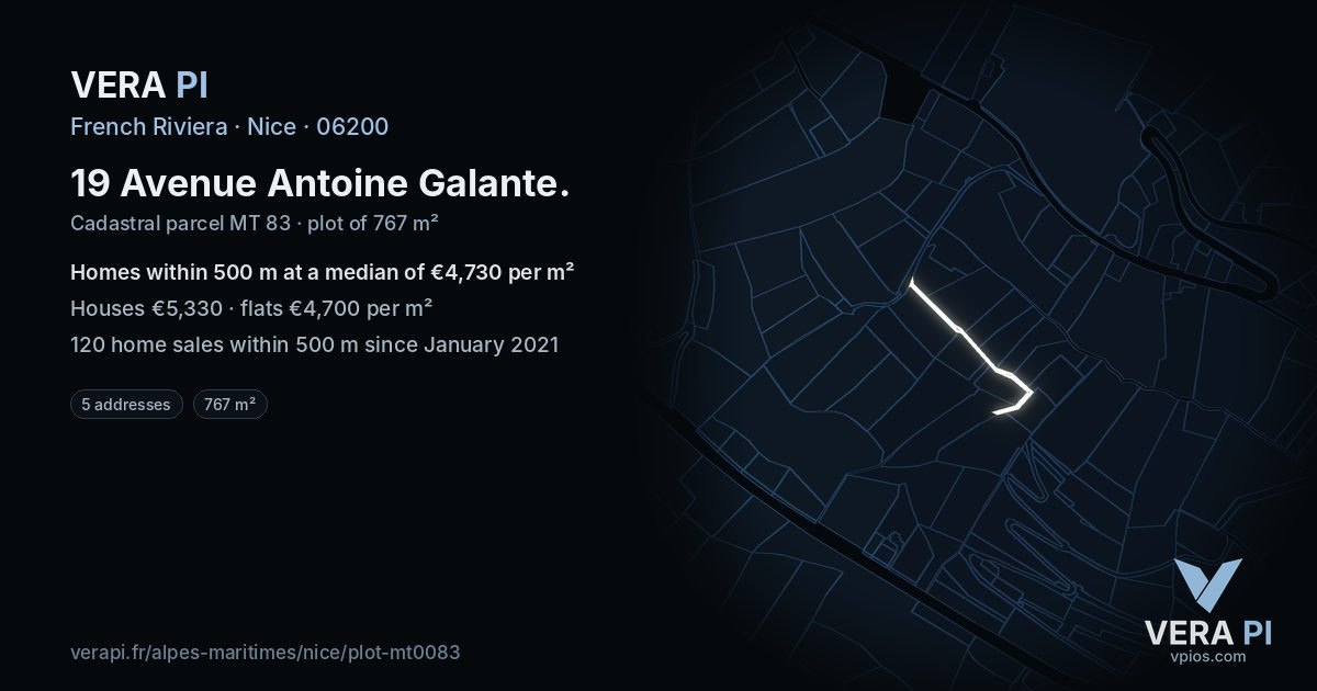 19 Avenue Antoine Galante, Nice at night – the plot lit, the parcels around coloured by the prices near them