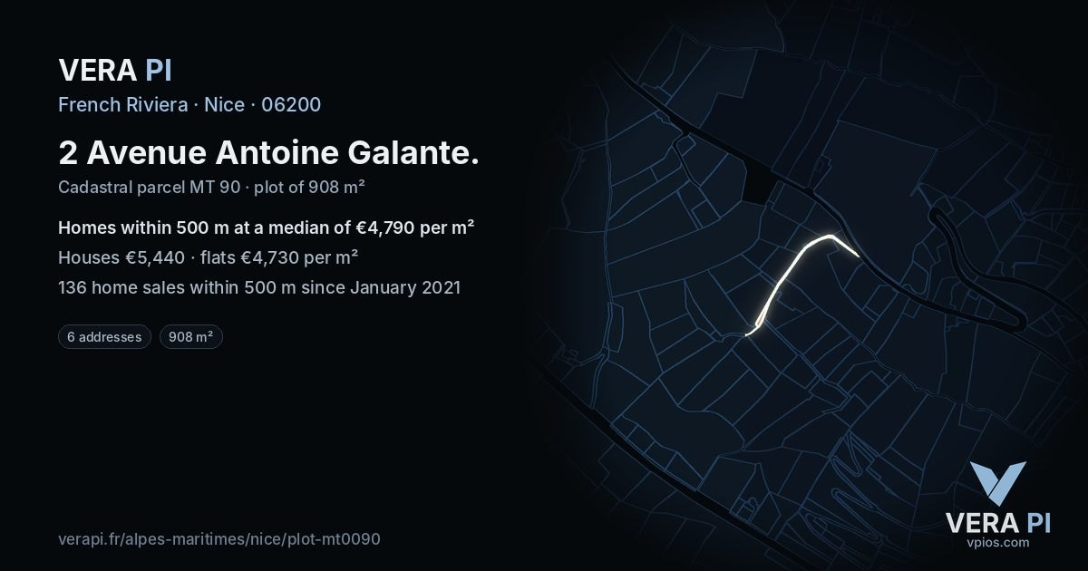 2 Avenue Antoine Galante, Nice at night – the plot lit, the parcels around coloured by the prices near them