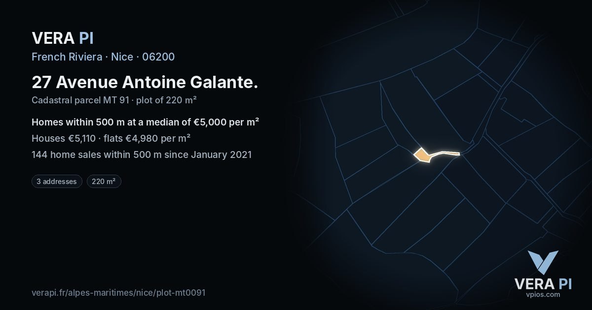 27 Avenue Antoine Galante, Nice at night – the plot lit, the parcels around coloured by the prices near them