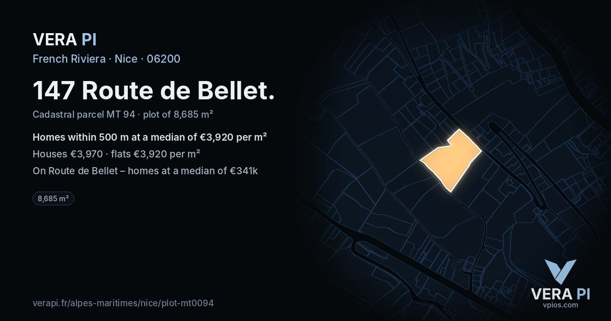 147 Route de Bellet, Nice at night – the plot lit, the parcels around coloured by the prices near them