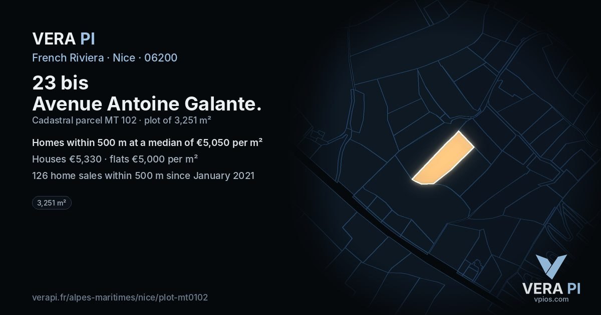 23 bis Avenue Antoine Galante, Nice at night – the plot lit, the parcels around coloured by the prices near them
