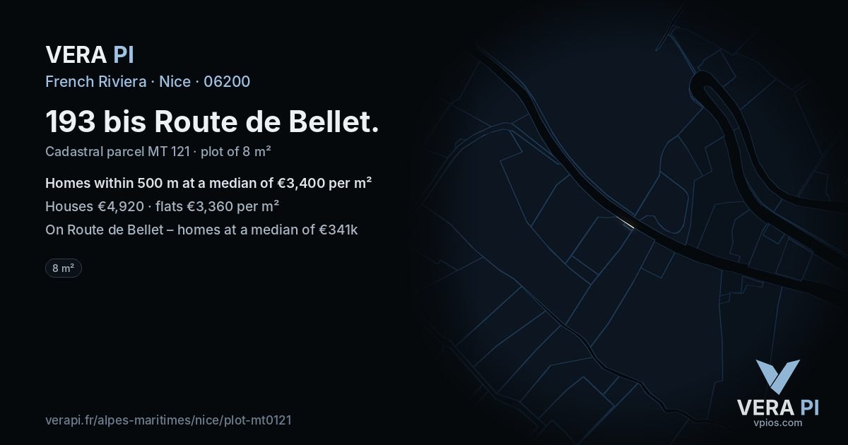 193 bis Route de Bellet, Nice at night – the plot lit, the parcels around coloured by the prices near them