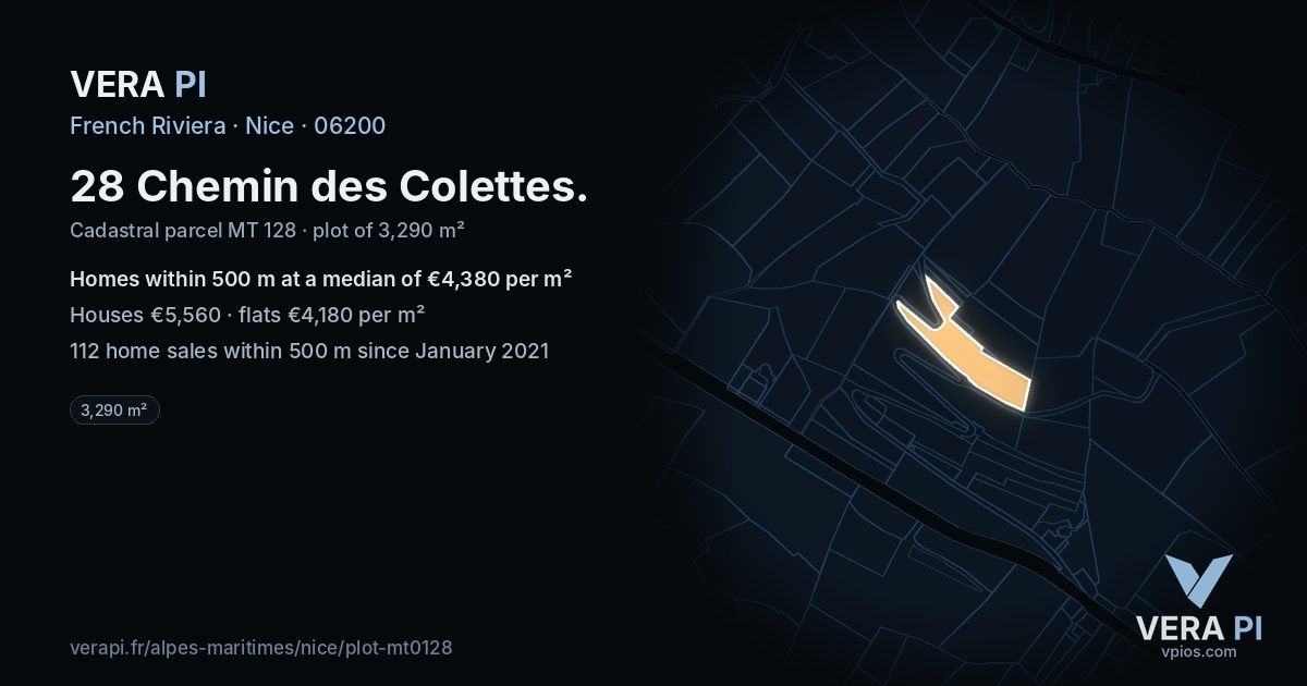 28 Chemin des Colettes, Nice at night – the plot lit, the parcels around coloured by the prices near them