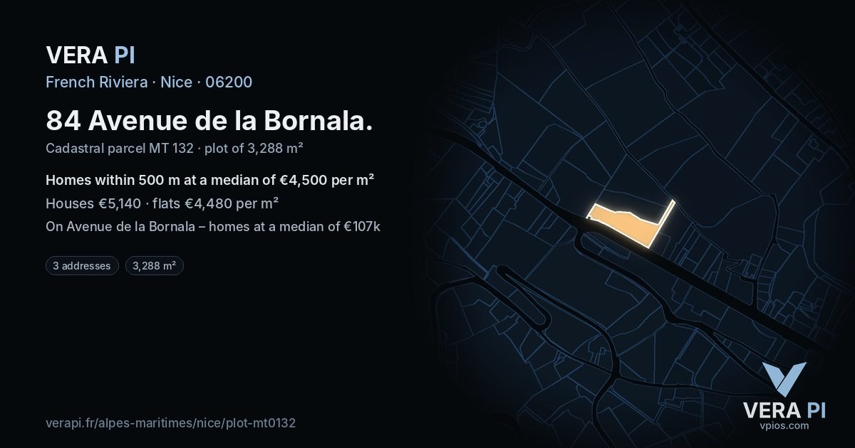 84 Avenue de la Bornala, Nice at night – the plot lit, the parcels around coloured by the prices near them