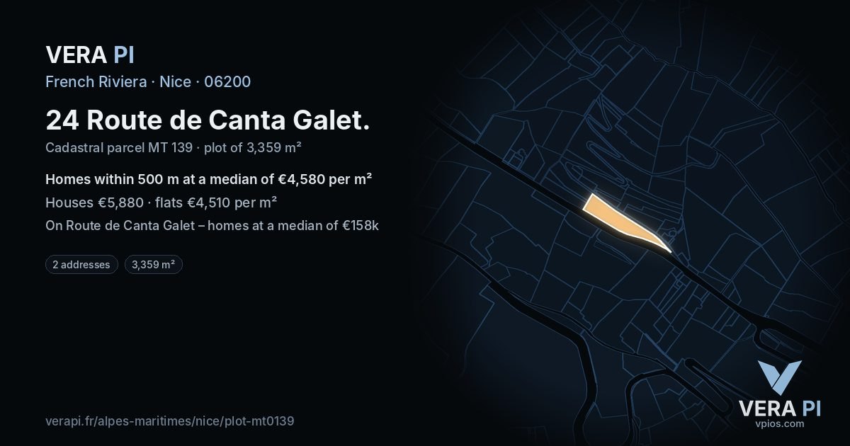 24 Route de Canta Galet, Nice at night – the plot lit, the parcels around coloured by the prices near them