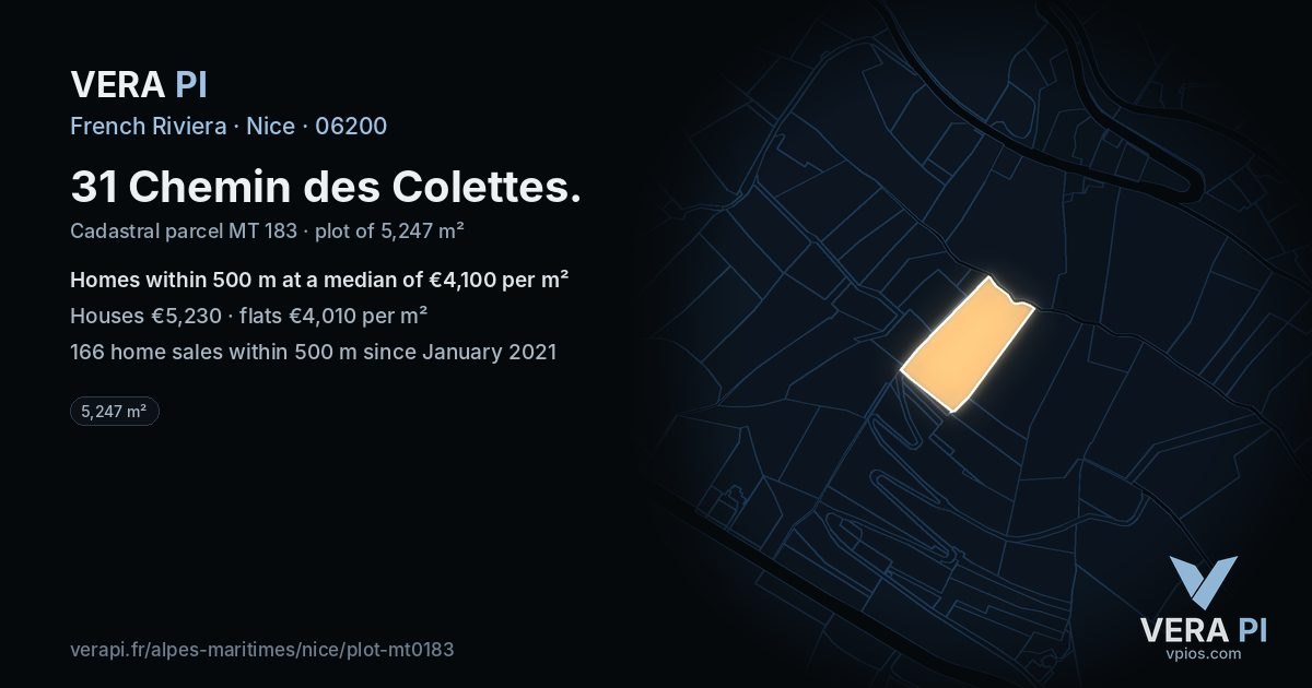 31 Chemin des Colettes, Nice at night – the plot lit, the parcels around coloured by the prices near them