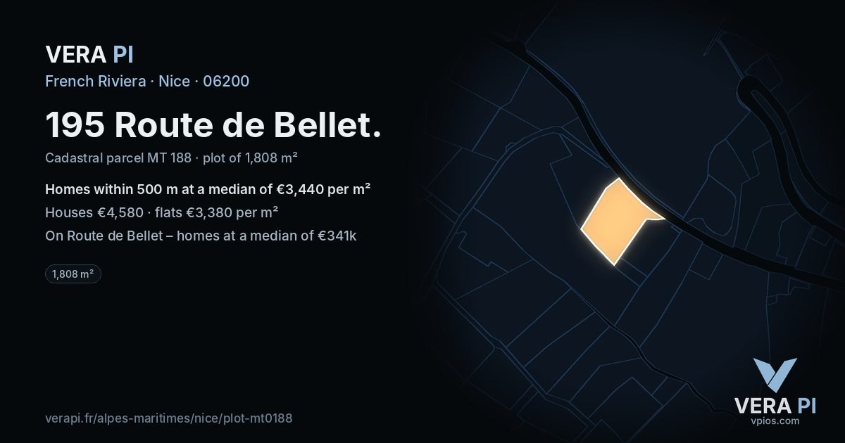 195 Route de Bellet, Nice at night – the plot lit, the parcels around coloured by the prices near them
