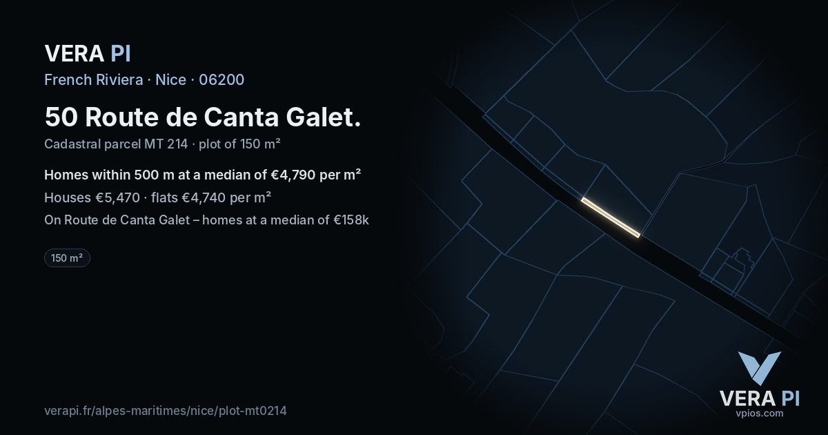 50 Route de Canta Galet, Nice at night – the plot lit, the parcels around coloured by the prices near them