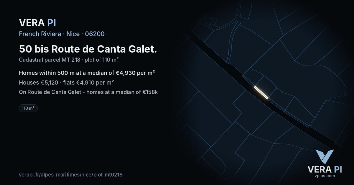 50 bis Route de Canta Galet, Nice at night – the plot lit, the parcels around coloured by the prices near them