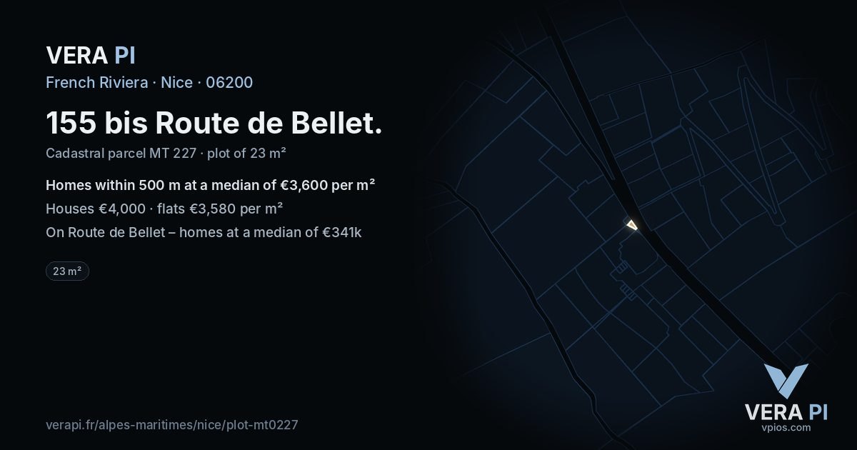 155 bis Route de Bellet, Nice at night – the plot lit, the parcels around coloured by the prices near them