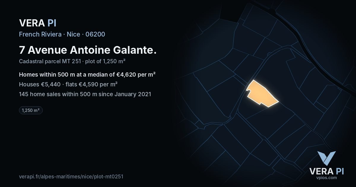 7 Avenue Antoine Galante, Nice at night – the plot lit, the parcels around coloured by the prices near them