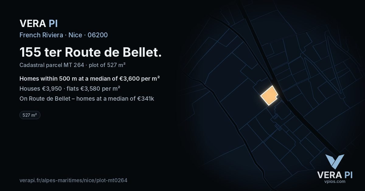 155 ter Route de Bellet, Nice at night – the plot lit, the parcels around coloured by the prices near them