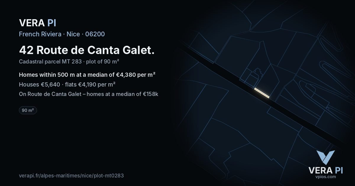 42 Route de Canta Galet, Nice at night – the plot lit, the parcels around coloured by the prices near them