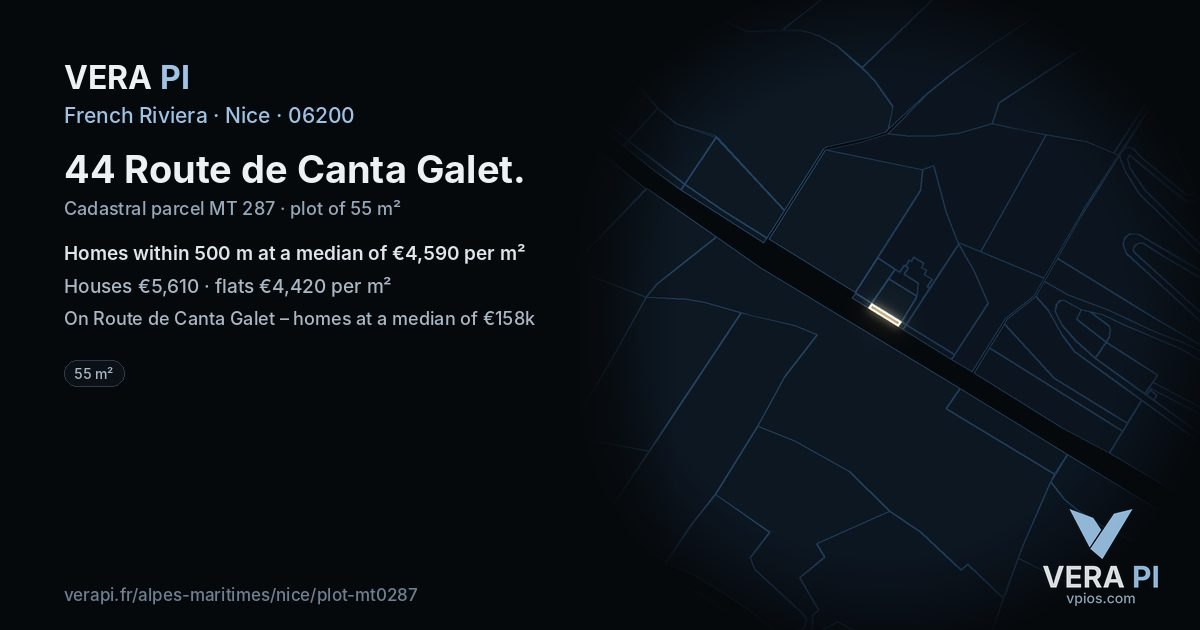 44 Route de Canta Galet, Nice at night – the plot lit, the parcels around coloured by the prices near them