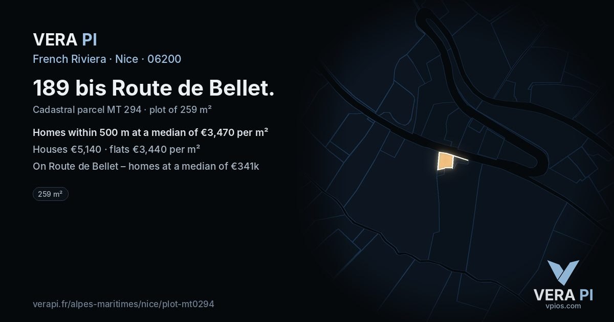 189 bis Route de Bellet, Nice at night – the plot lit, the parcels around coloured by the prices near them