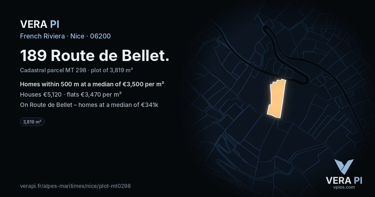189 Route de Bellet, Nice at night – the plot lit, the parcels around coloured by the prices near them