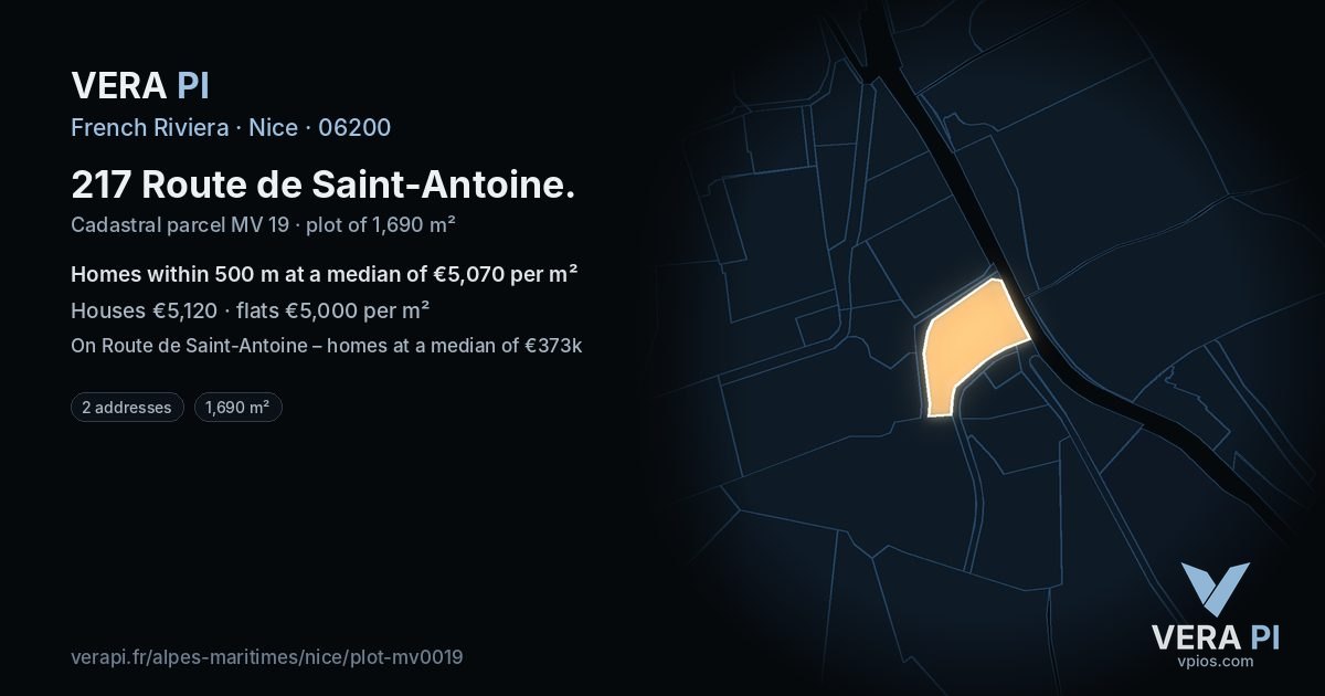 217 Route de Saint-Antoine, Nice at night – the plot lit, the parcels around coloured by the prices near them