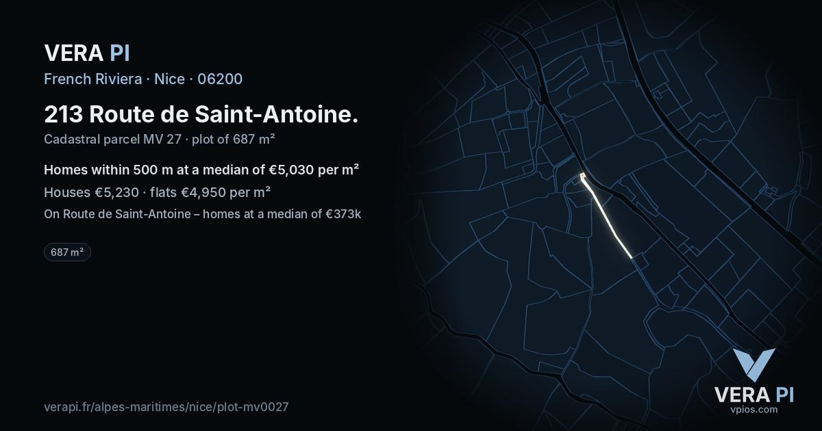 213 Route de Saint-Antoine, Nice at night – the plot lit, the parcels around coloured by the prices near them