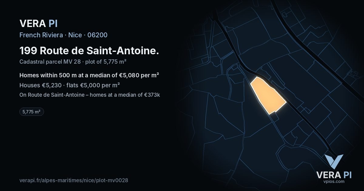 199 Route de Saint-Antoine, Nice at night – the plot lit, the parcels around coloured by the prices near them
