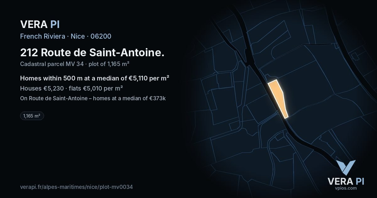 212 Route de Saint-Antoine, Nice at night – the plot lit, the parcels around coloured by the prices near them