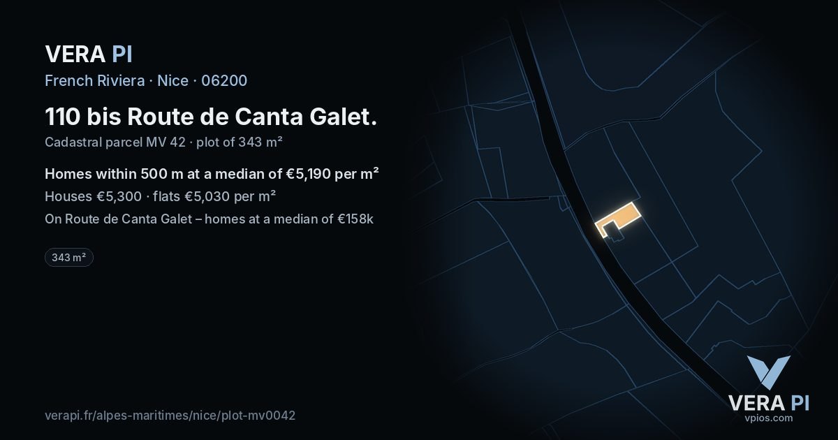 110 bis Route de Canta Galet, Nice at night – the plot lit, the parcels around coloured by the prices near them