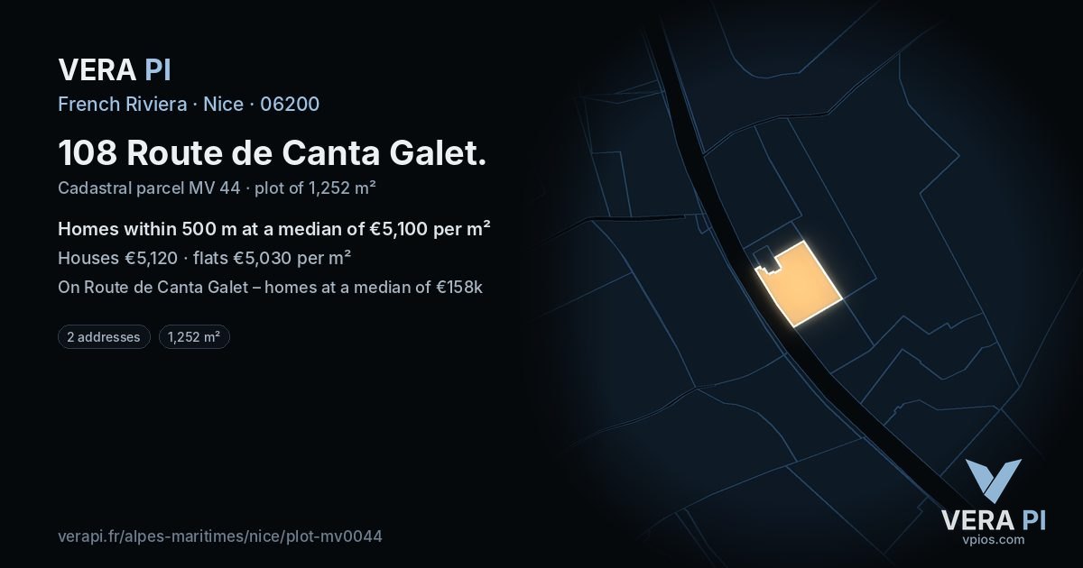 108 Route de Canta Galet, Nice at night – the plot lit, the parcels around coloured by the prices near them