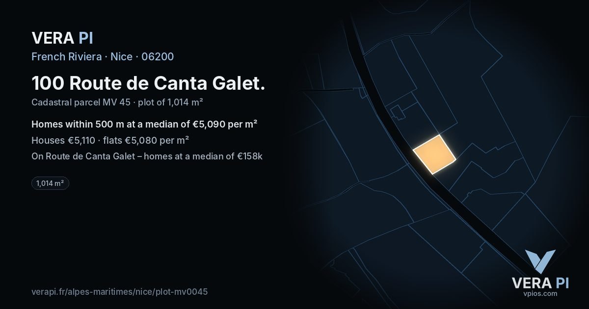 100 Route de Canta Galet, Nice at night – the plot lit, the parcels around coloured by the prices near them