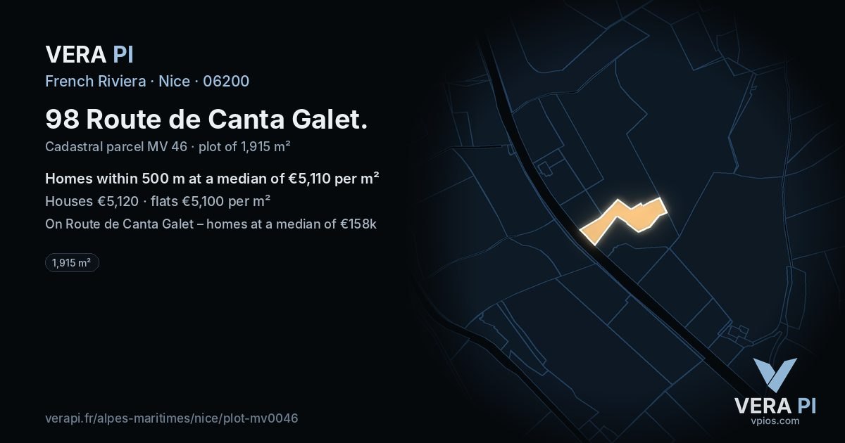 98 Route de Canta Galet, Nice at night – the plot lit, the parcels around coloured by the prices near them