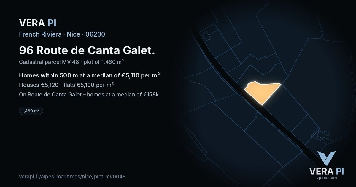 96 Route de Canta Galet, Nice at night – the plot lit, the parcels around coloured by the prices near them