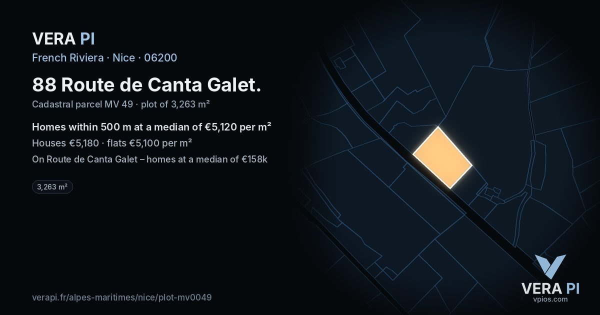 88 Route de Canta Galet, Nice at night – the plot lit, the parcels around coloured by the prices near them
