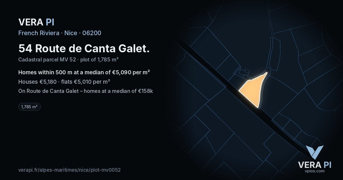 54 Route de Canta Galet, Nice at night – the plot lit, the parcels around coloured by the prices near them