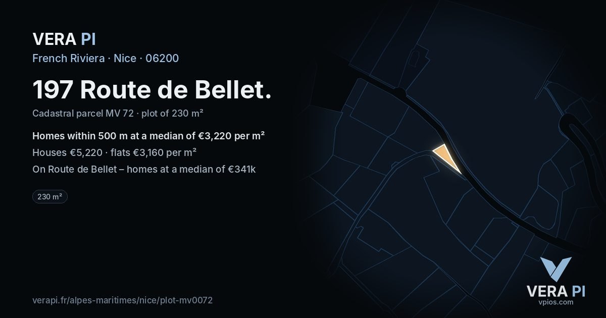 197 Route de Bellet, Nice at night – the plot lit, the parcels around coloured by the prices near them