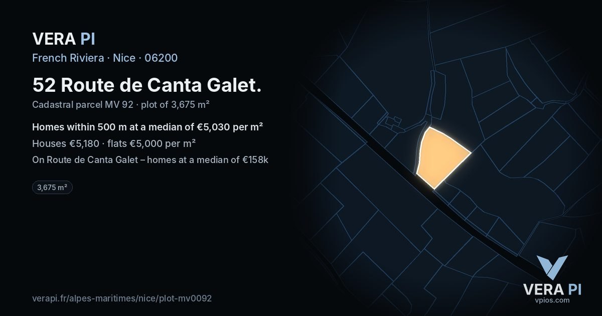 52 Route de Canta Galet, Nice at night – the plot lit, the parcels around coloured by the prices near them