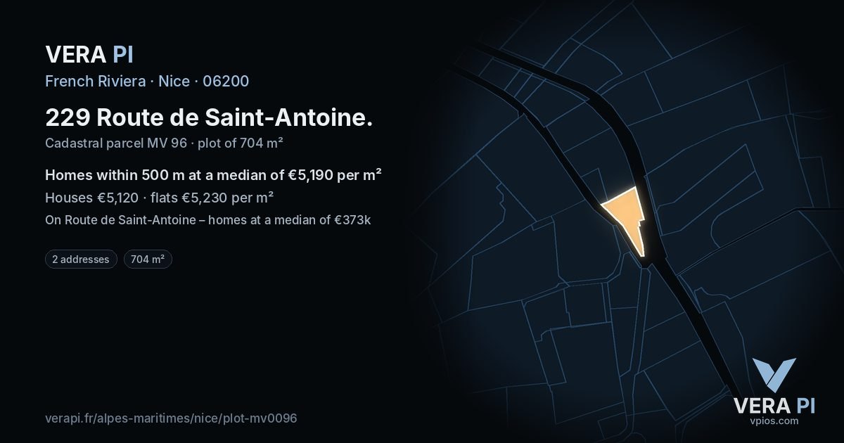 229 Route de Saint-Antoine, Nice at night – the plot lit, the parcels around coloured by the prices near them
