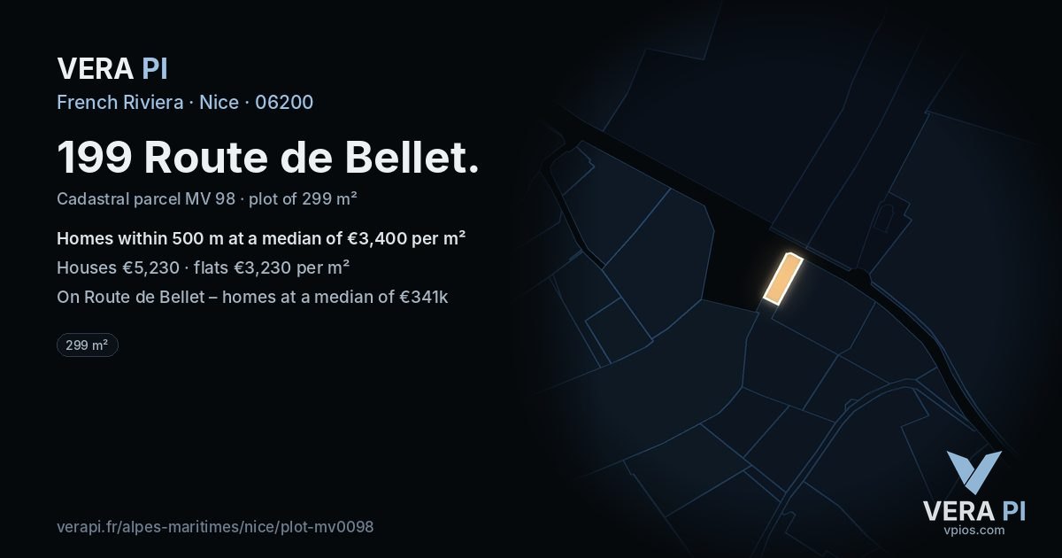 199 Route de Bellet, Nice at night – the plot lit, the parcels around coloured by the prices near them